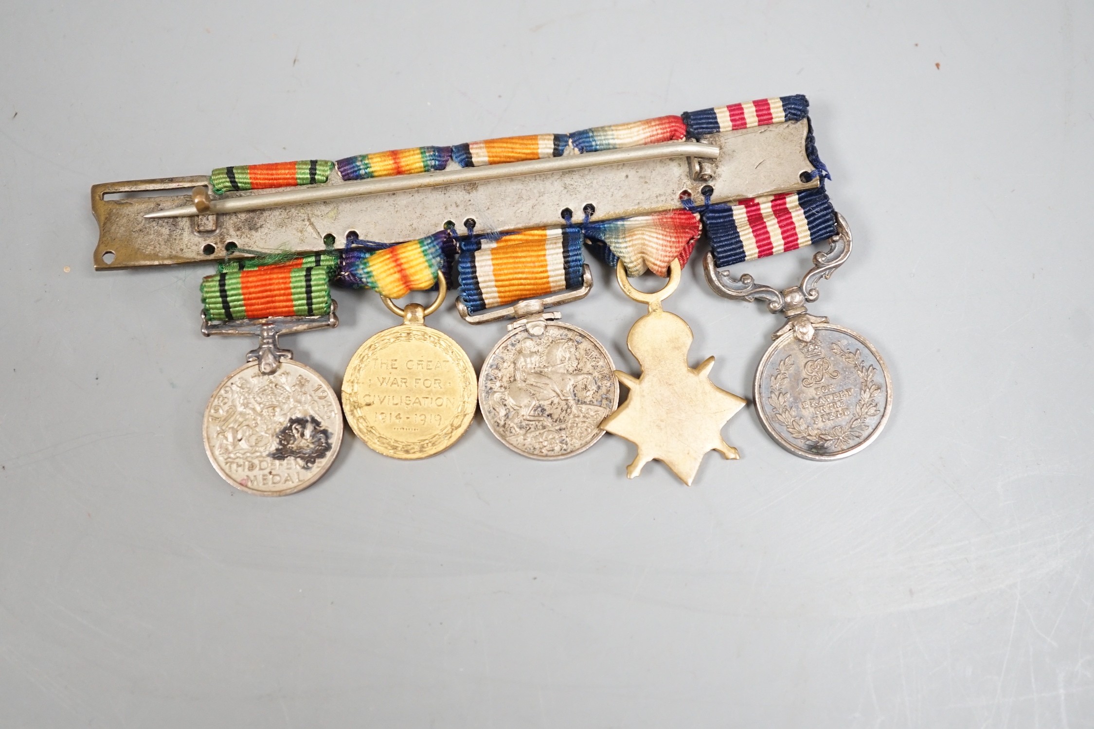 A Great War medal group of 6 including a Military Medal awarded to T4-240995 L.C PL C.T. TYRRELL. NO.I COY 47/D.T. A.S.C., a WWI trio to 2140 DVR. C. T. TYRRELL. A.S.C. and T-2140 CPL.C.T TYRRELL. A.S.C. and related mini